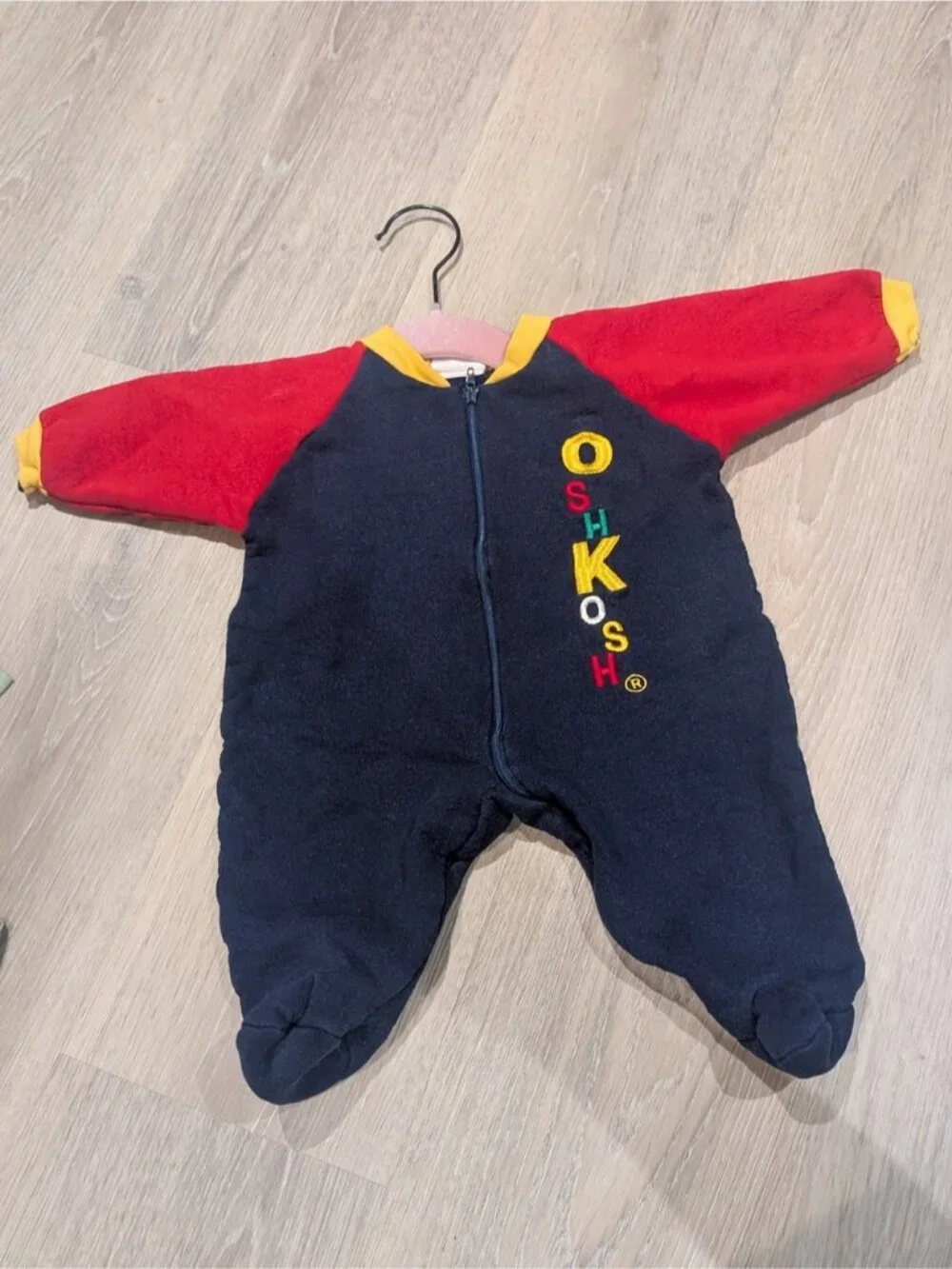 Vintage OshKosh B'gosh Navy, Red & Yellow Fleece Footed One-Piece